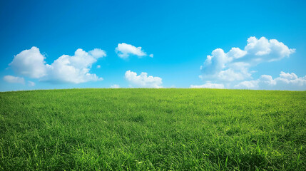 Obraz premium A large grassland with a blue sky and white clouds in the background. A flat green field with sparse plants at ground level with distant view. A horizontal composition, bright colors, natural light. 