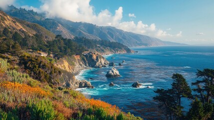 Fototapeta premium A picturesque view of the Pacific Ocean coastline with rugged cliffs and lush green vegetation.