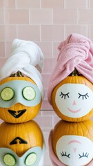Jack-O'-Lanterns with Spa Masks and Towels for Halloween