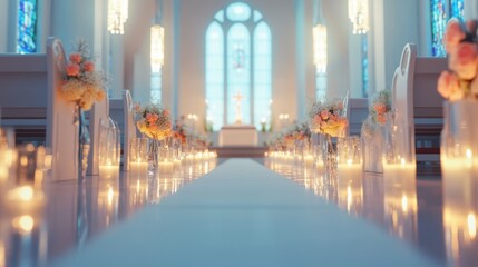 Obraz premium Classic church wedding background. Interior of a church with candles and flowers.