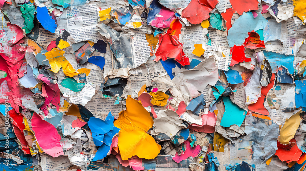 Aufkleber grungy abstract backdrop featuring a vibrant collage of torn newspaper and magazine clippings, embel