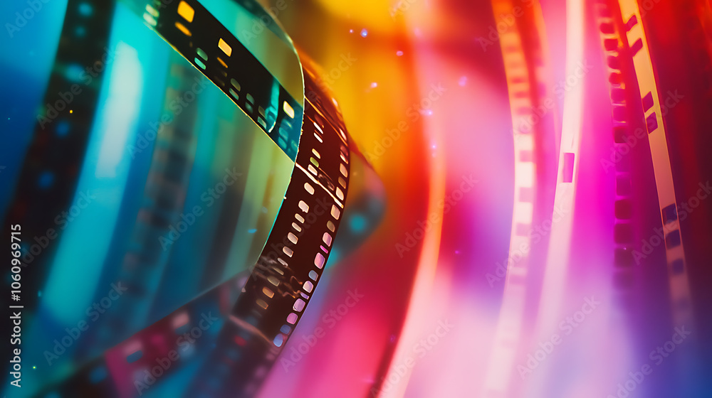 Poster a film strip with a colorful background and blurred edges thereâ€™s some film strips with white spac