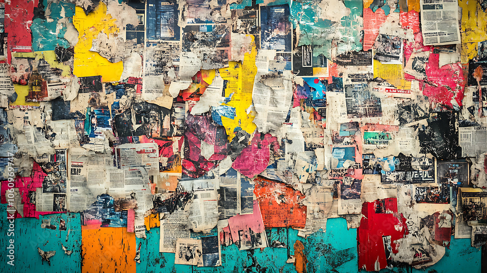 Poster grungy abstract backdrop featuring a vibrant collage of torn newspaper and magazine clippings, embel