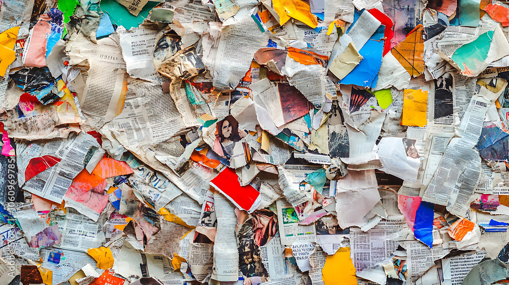 Poster grungy abstract backdrop featuring a vibrant collage of torn newspaper and magazine clippings, embel