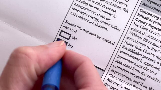 Close up of person voting No on ballot measure with blue pen.