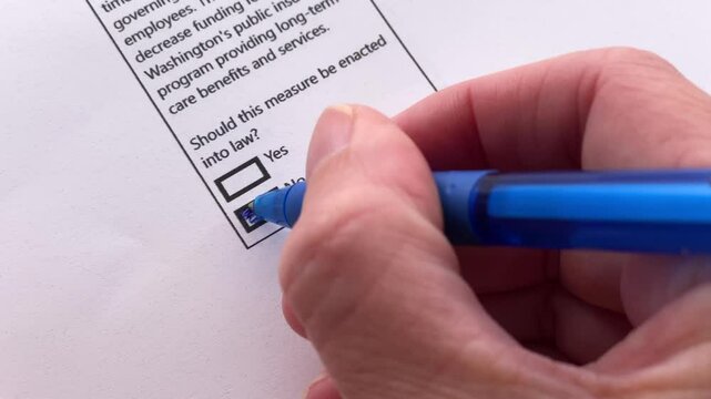 Person votes NO to enact new measure into law, close up on election ballot.