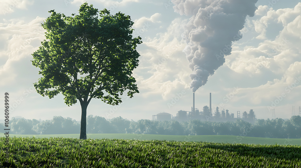 Poster Compare a green tree and meadow with clear air to a factory emitting pollution and its effects on climate change, 3D illustration rendering