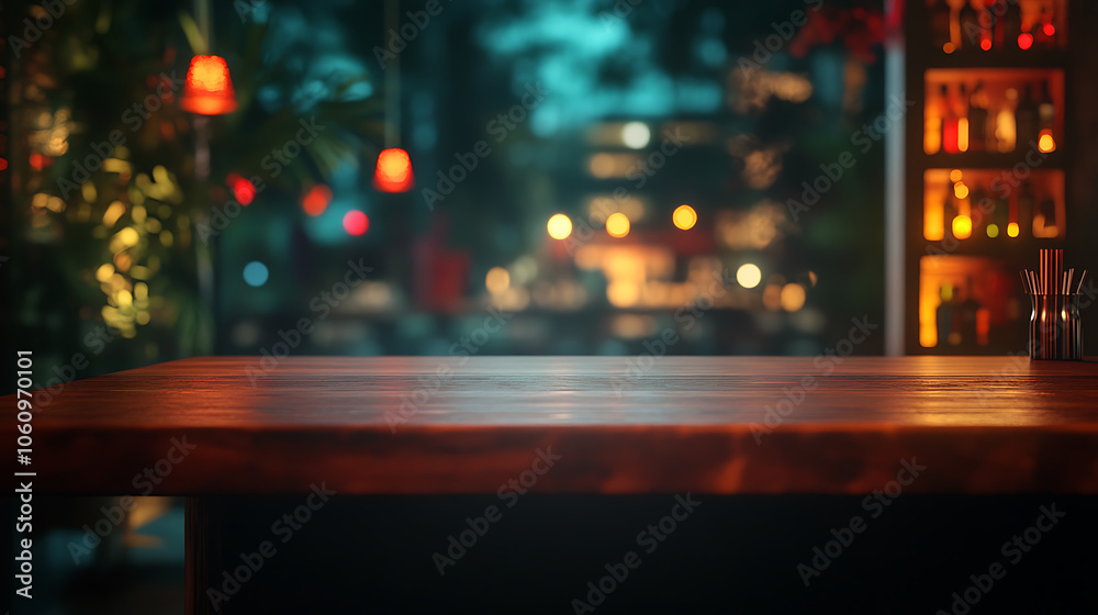 Aufkleber a nighttime bar and restaurant with an empty wooden table platform and a blurred background bokeh, s