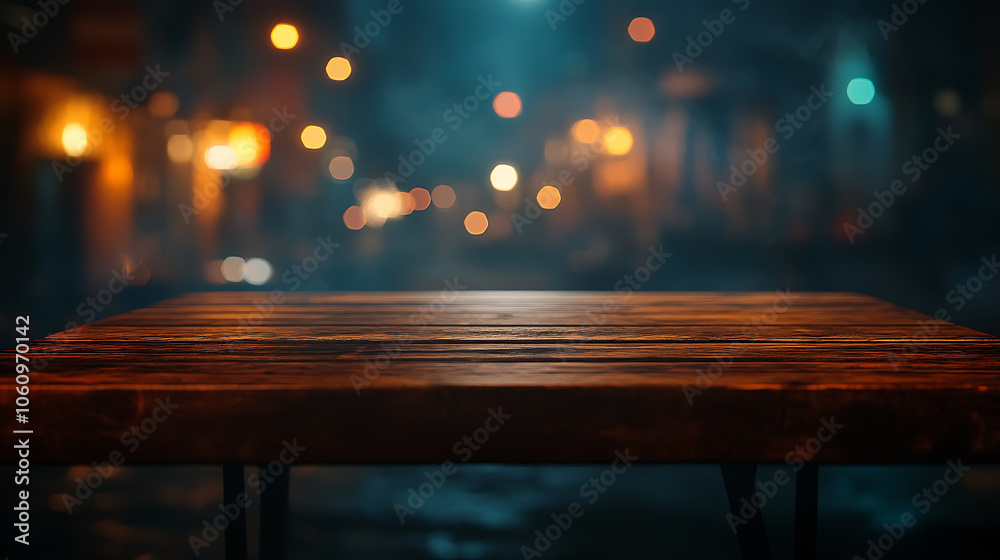 Poster A nighttime bar and restaurant with an empty wooden table platform and a blurred background bokeh, Suitable for product montage or display, Mock up for space