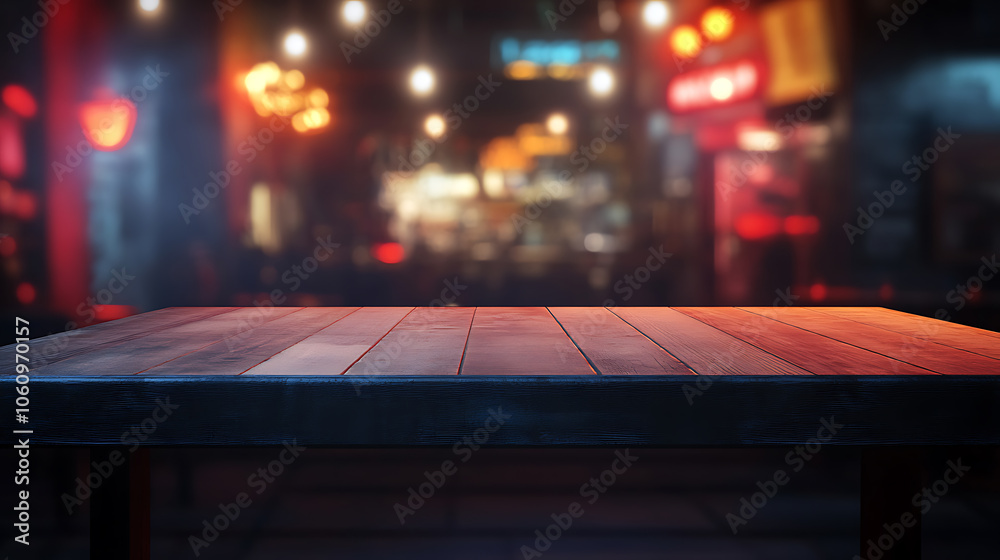 Poster a nighttime bar and restaurant with an empty wooden table platform and a blurred background bokeh, s