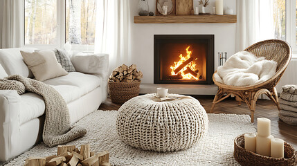 Fototapeta premium cozy scandinavian living room with rattan lounge chair wicker pouf and white sofa by fireplace embodying hygge interior design 3d rendering