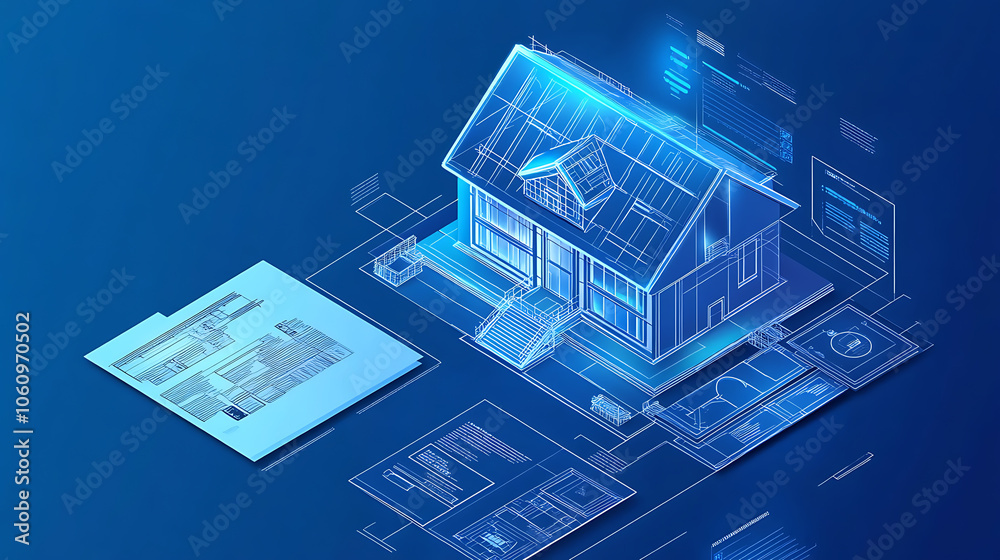 Poster digital construction building information modeling bim concept with 3d model and blueprints vector illustration