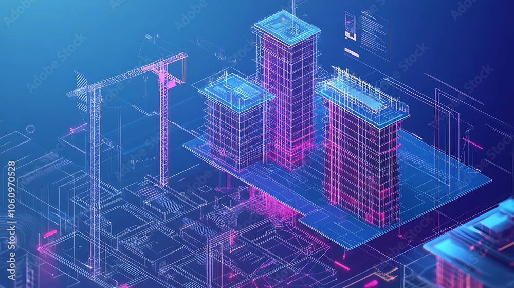 Poster digital construction building information modeling bim concept with 3d model and blueprints vector illustration
