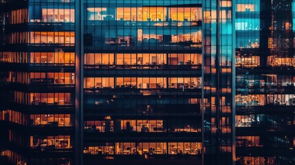 Fototapeta premium A vibrant cityscape showcasing illuminated office windows at dusk.