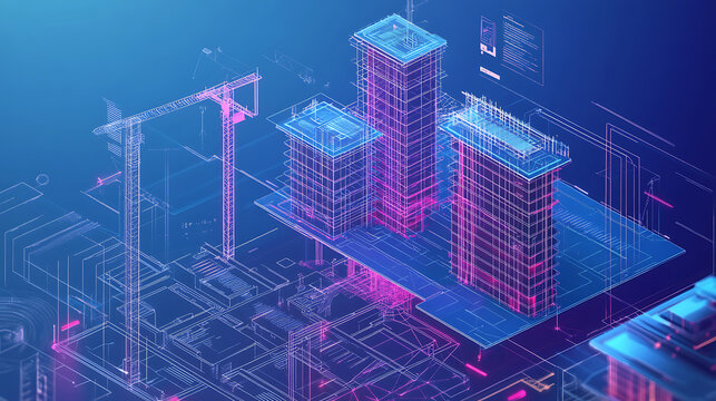 digital construction building information modeling bim concept with 3d model and blueprints vector illustration