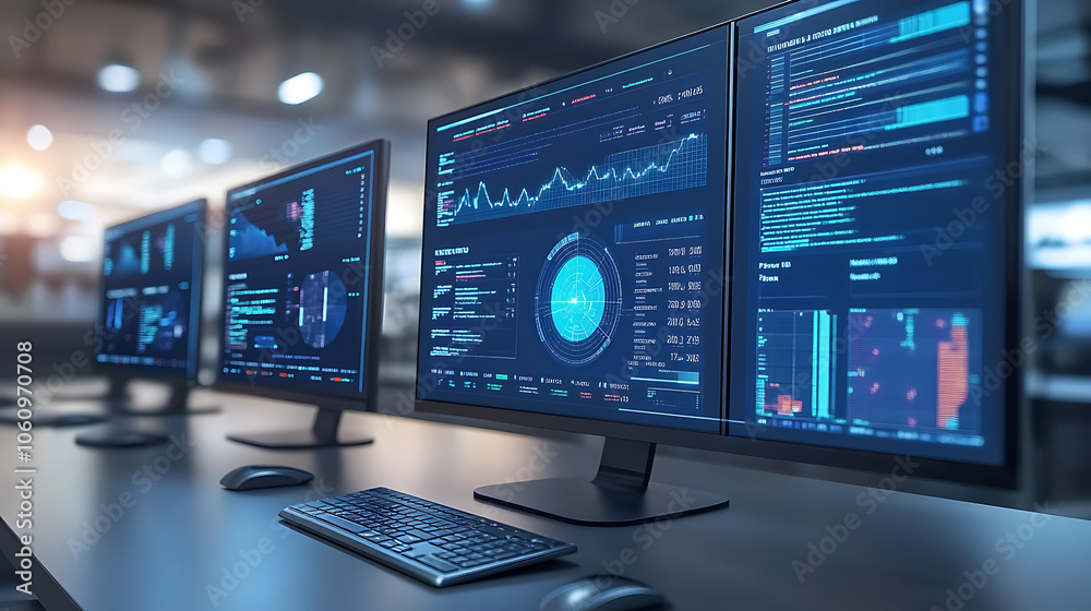 Aufkleber Intrusion Detection Systems (IDS) concept, showcasing abstract data dashboards with graphs, live network traffic analysis, and security alerts on multiple computer screens