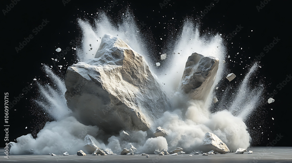 Poster dramatic abstract composition of shattered rock boulder exploding into white dust and debris against