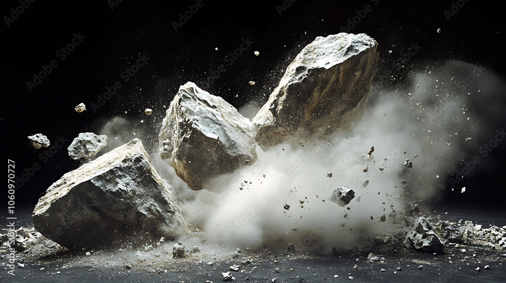 Poster dramatic abstract composition of shattered rock boulder exploding into white dust and debris against black background dynamic 3d illustration