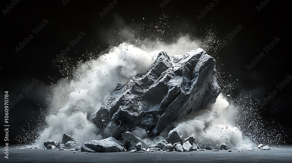 Aufkleber dramatic abstract composition of shattered rock boulder exploding into white dust and debris against black background dynamic 3d illustration