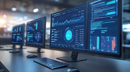 Fototapeta premium Intrusion Detection Systems (IDS) concept, showcasing abstract data dashboards with graphs, live network traffic analysis, and security alerts on multiple computer screens