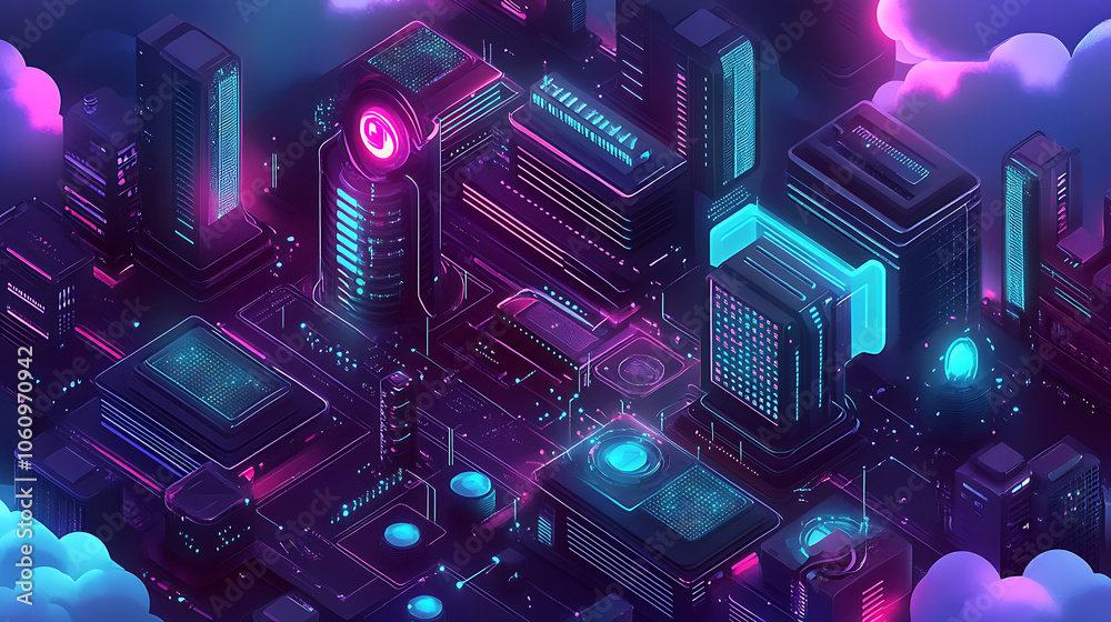 Leinwandbilder Isometric cloud storage for downloading, representing a digital service or application facilitating data transmission, It embodies network computing technologies, showcasing a futuristic server