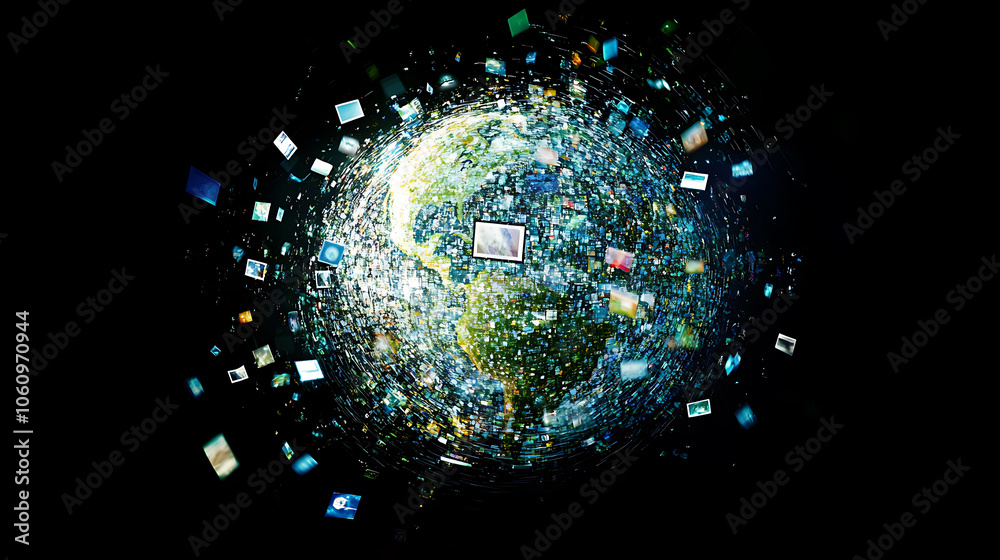 Poster Abstract global network concept with a blue glowing world map, data transfer and cyber technology background digital connections across the globe in abstract form