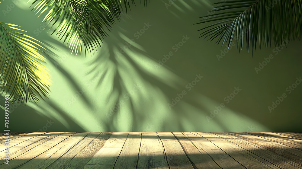 Aufkleber abstract green background with shadow of palm leaves on the wall, empty table for product presentati