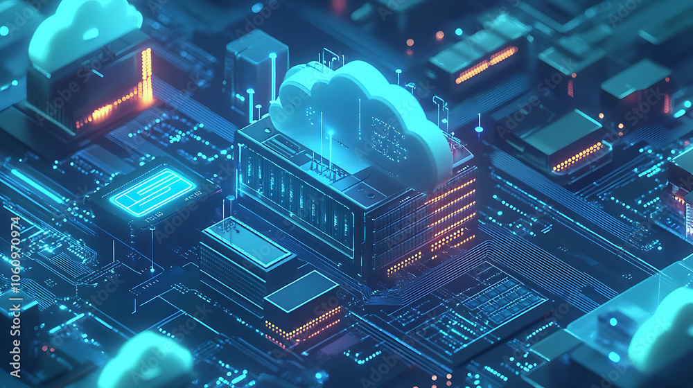Fototapete Isometric cloud storage for downloading, representing a digital service or application facilitating data transmission, It embodies network computing technologies, showcasing a futuristic server