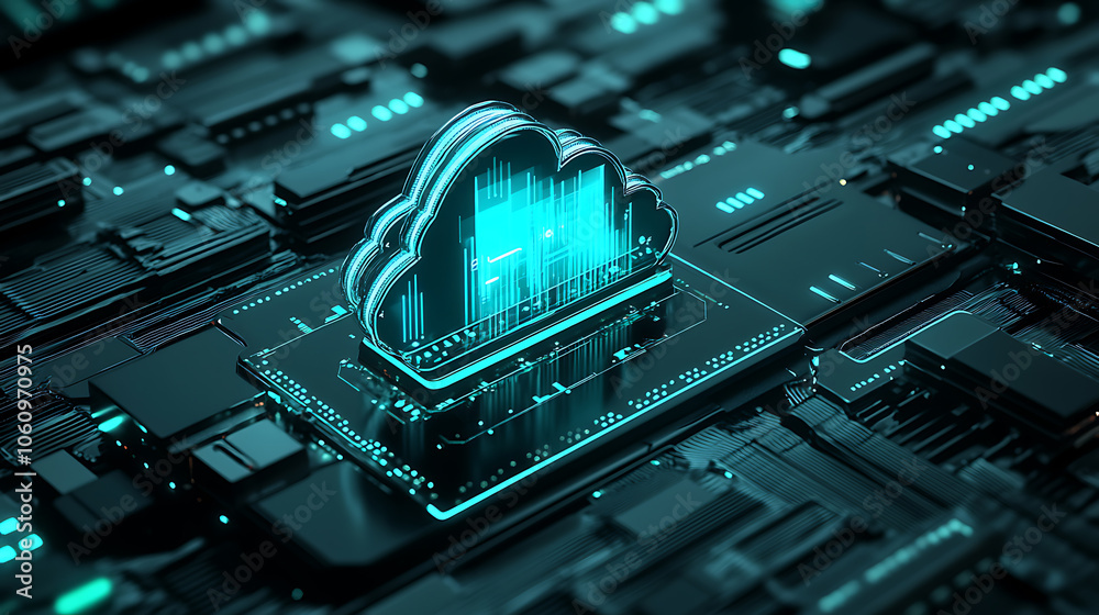Poster Isometric cloud storage for downloading, representing a digital service or application facilitating data transmission, It embodies network computing technologies, showcasing a futuristic server