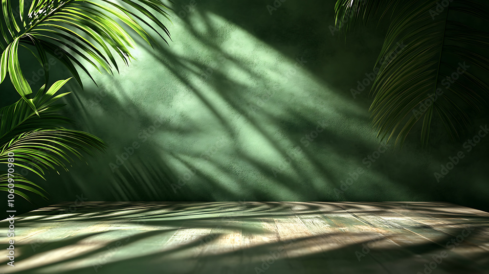 Poster abstract green background with shadow of palm leaves on the wall, empty table for product presentati