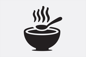 Black silhouette of a bowl of hot soup with a spoon