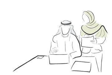 Hand drawn line art vector of a Saudi businessman brainstorming with team.