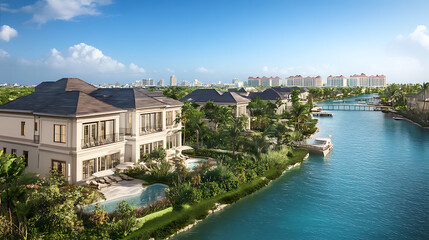 Obraz premium From Paradise Island, an aerial perspective showcases Harborside Villas along Nassau Harbour, with Nassau's cityscape in the distance, in the Bahamas
