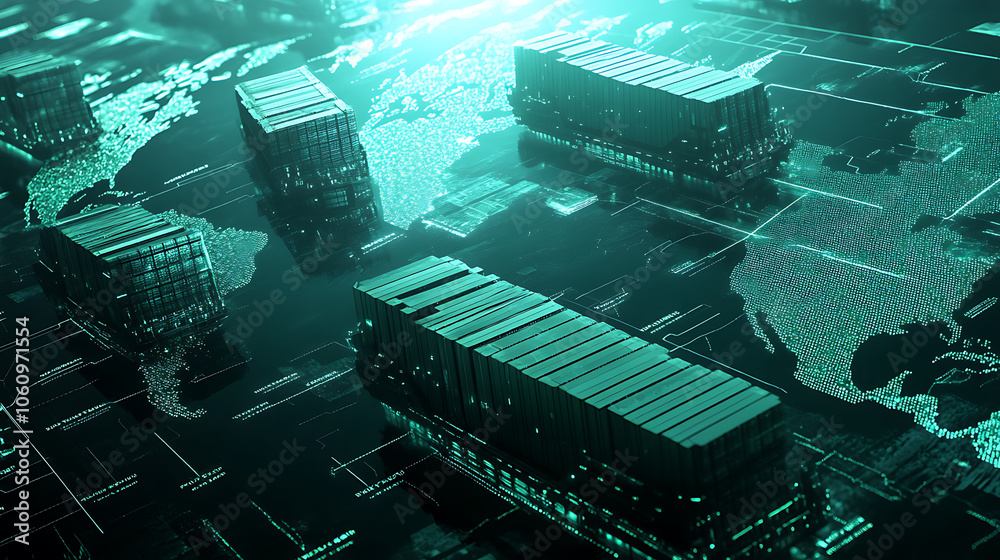 Poster futuristic cargo container ships utilize technology for global logistics, employing world maps and s