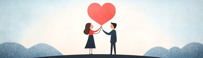 A couple holds a large heart balloon, symbolizing love and connection in a picturesque landscape. Perfect for romantic themes.