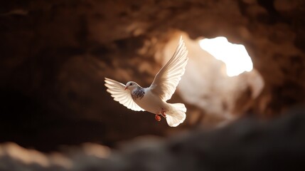 A graceful white bird takes flight, wings outstretched, illuminated by soft light from a cave opening, symbolizing freedom.