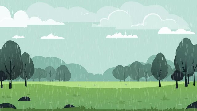 Rainy landscape. Animation of rainy nature in a park or forest. The clouds move and it starts to rain. Summer rain. Fields and meadows.