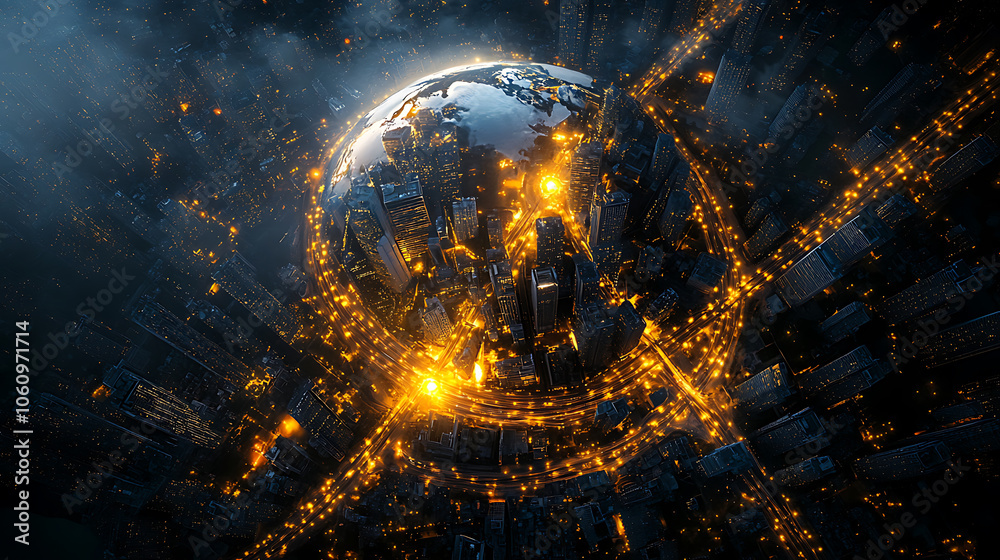 Aufkleber aerial view of earth globe surrounded by multiple highways, traffic lights glowing at night in city 