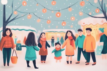 Fototapeta premium Ilustrações natalinas com personagens e decoração festiva, incluindo árvore de Natal e presentes, estilo infantil e colorido, criado por IA generativa.