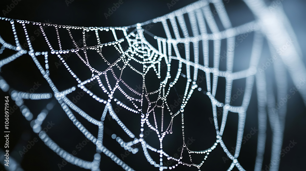 Poster black background with white spider webs, hanging from the left and right sides of the screen the web