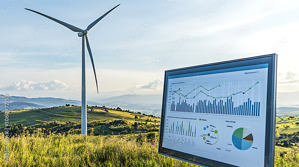 Poster modern wind turbine with a detailed energy data analytics dashboard in the foreground, displaying re