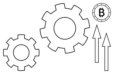 Two gears with Bitcoin symbol above upward arrows signifying growth and progress. Ideal for finance, cryptocurrency, technology, innovation, economic growth, investment, business development. Line