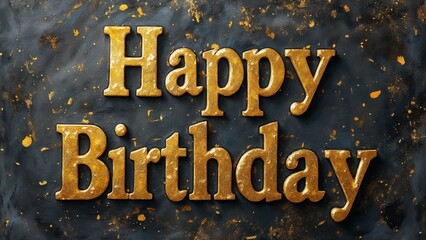 Golden birthday greeting with a textured dark background, celebrating a special day with festive flair and style