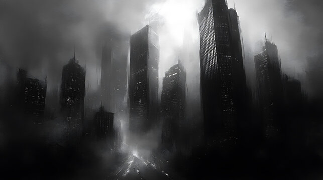 gritty noir cityscape with towering skyscrapers and shadowy street misty cold sin city charcoal digital painting
