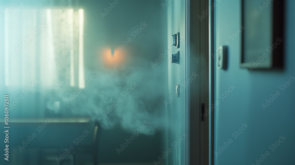 Poster in the background, there is a copy space and an active smoke detector and linked fire alarm
