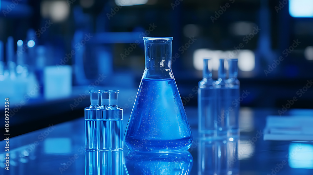 Poster In the laboratory, there is an open beaker filled with clear blue liquid on a glossy table in front of two other pieces of glassware background features blurred lab equipment