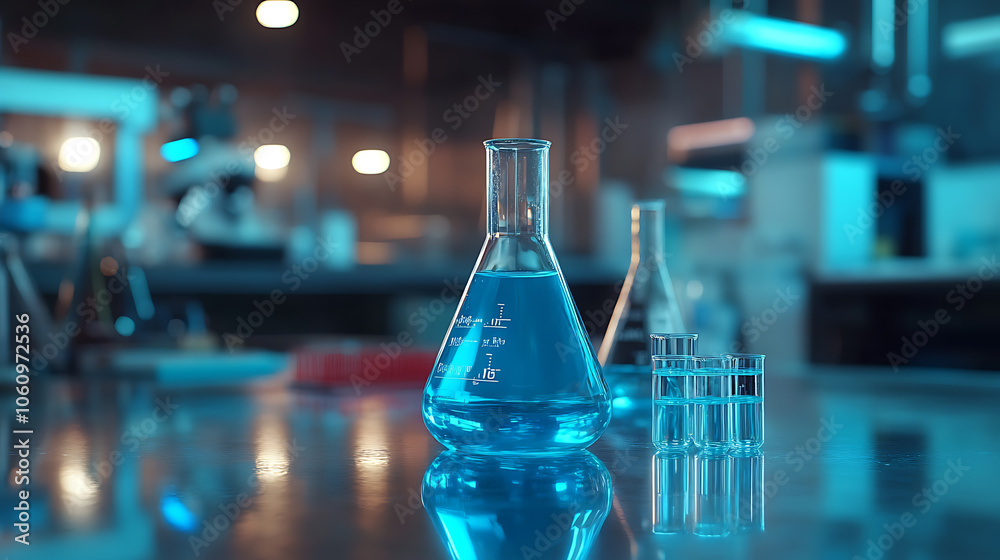 Aufkleber In the laboratory, there is an open beaker filled with clear blue liquid on a glossy table in front of two other pieces of glassware background features blurred lab equipment