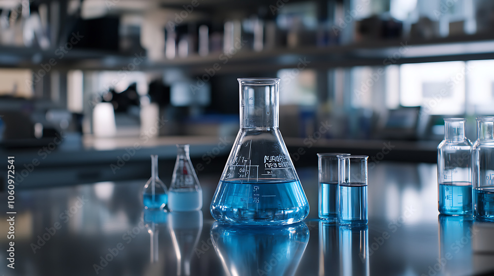 Poster in the laboratory, there is an open beaker filled with clear blue liquid on a glossy table in front 