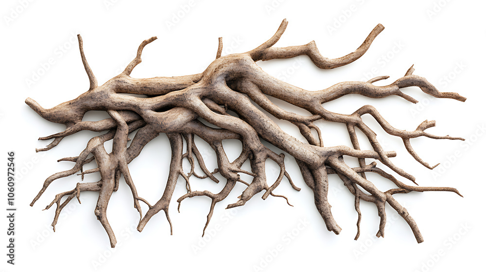 Poster intricate network of tree roots isolated on white background nature illustration