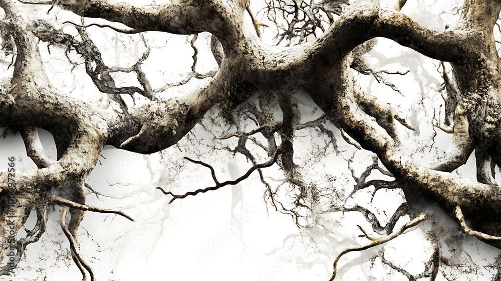 Poster intricate network of tree roots isolated on white background nature illustration